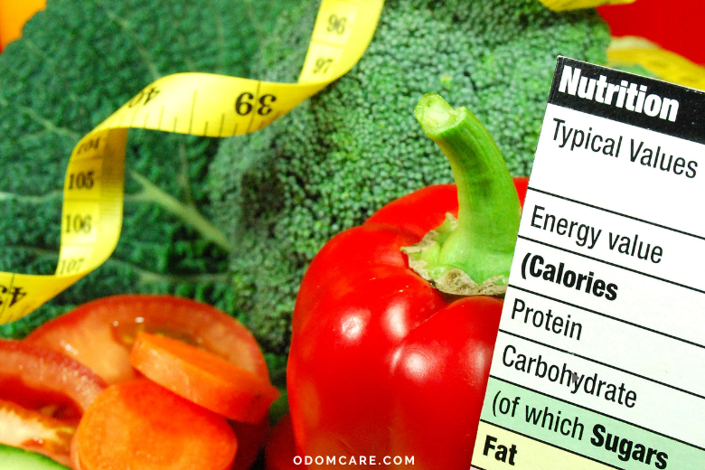 A vibrant assortment of fresh vegetables including broccoli, sliced tomatoes, and a red bell pepper is accompanied by a yellow measuring tape. A close-up of a nutrition label is prominently featured, listing typical values such as calories, protein, carbohydrates, and fats. The background highlights the focus on healthy eating and nutrition. At the bottom of the image, the website 'ODOMCARE.COM' is displayed