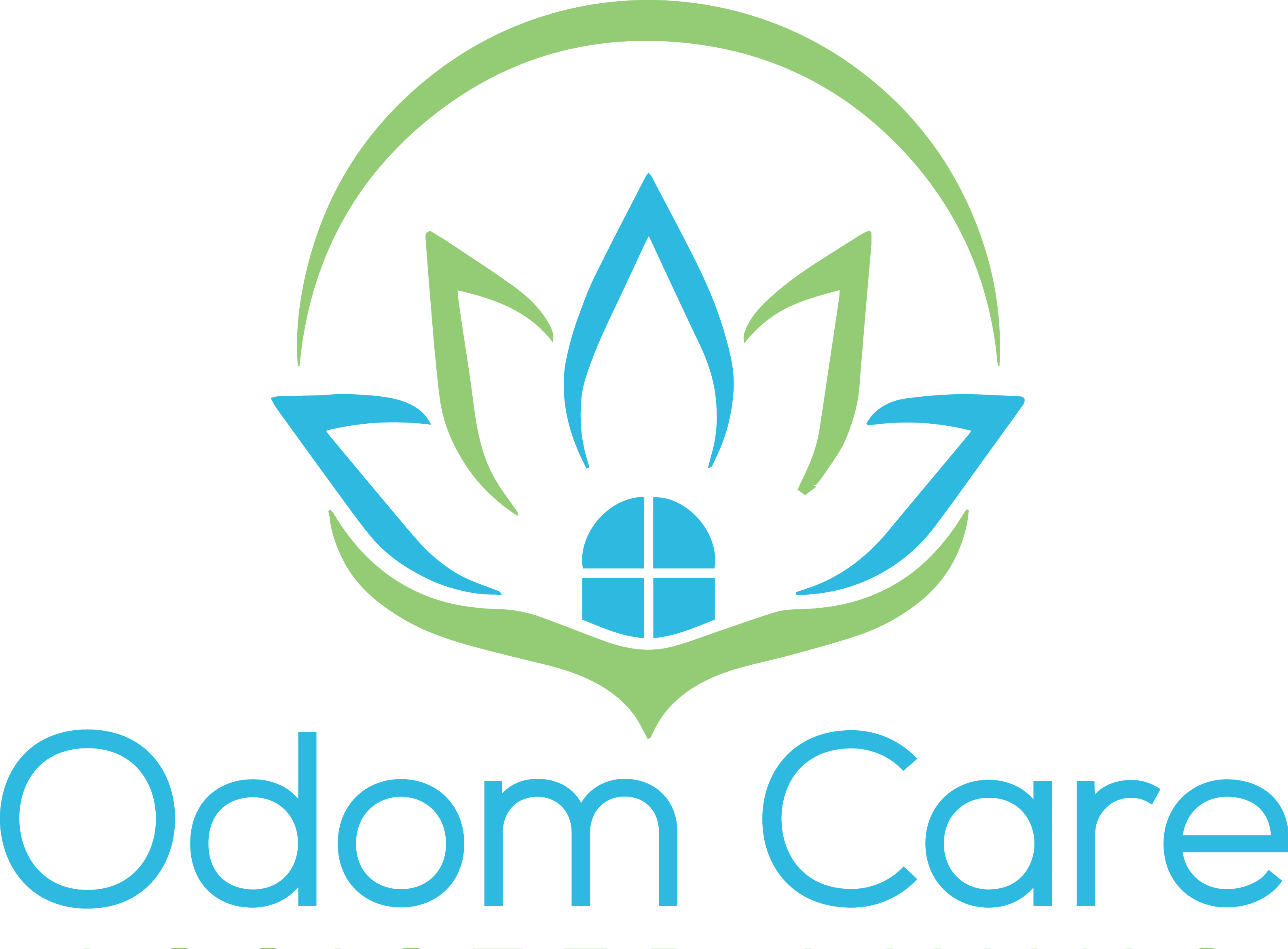 The logo for "Odom Care" features a stylized lotus flower composed of layered leaves in shades of green and blue, with a house depicted in the center of the flower, symbolizing shelter and care. The design conveys a sense of tranquility and support, aligned with the values of a care-oriented organization.
