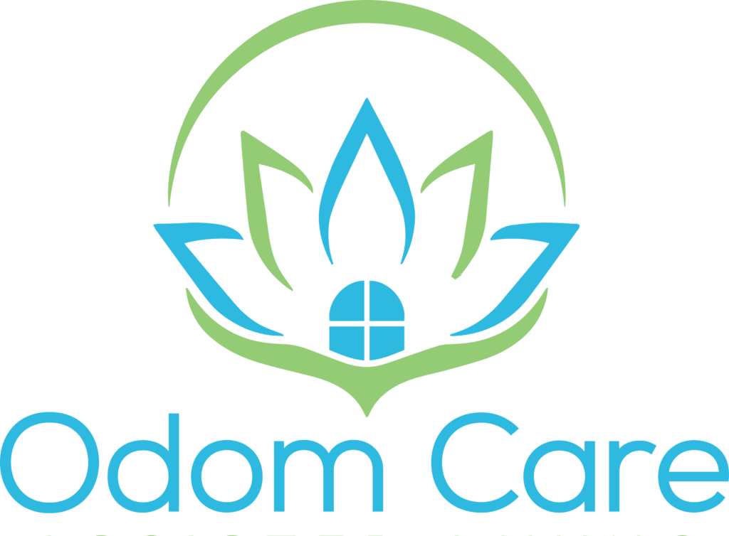 The logo for "Odom Care" features a stylized lotus flower composed of layered leaves in shades of green and blue, with a house depicted in the center of the flower, symbolizing shelter and care. The design conveys a sense of tranquility and support, aligned with the values of a care-oriented organization.