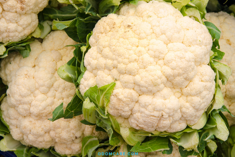 Fresh heads of cauliflower with green leaves
