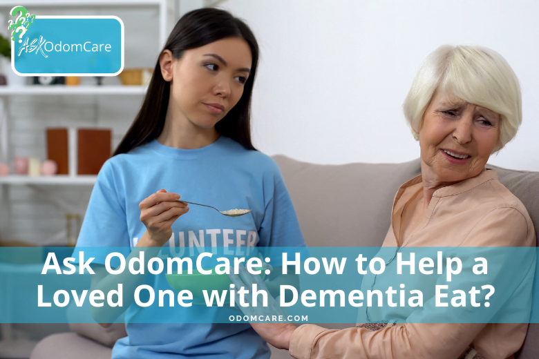 A caregiver helping an older adult with dementia eat.