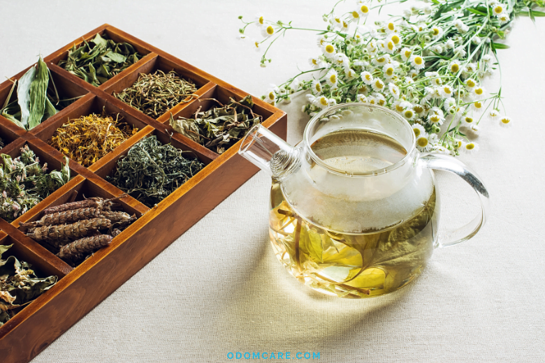Herbal tea with a selection of dried herbs.